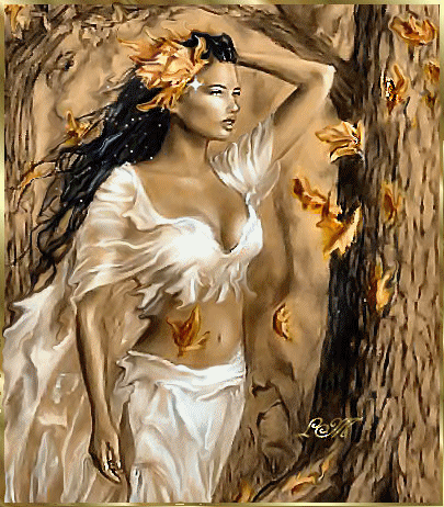 Kobieta wśród liści obok drzewa